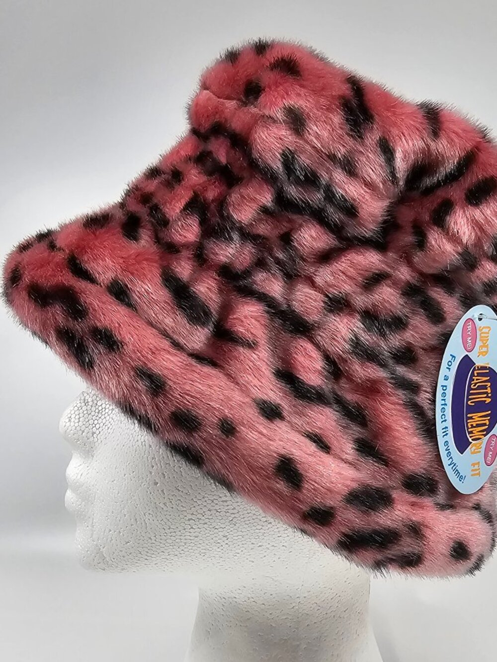 MEOW! LUXURY SOFT PLUSH FAUX FUR STRETCHY CLOCHE BUCKET HAT * PINK LEOPARD PRINT